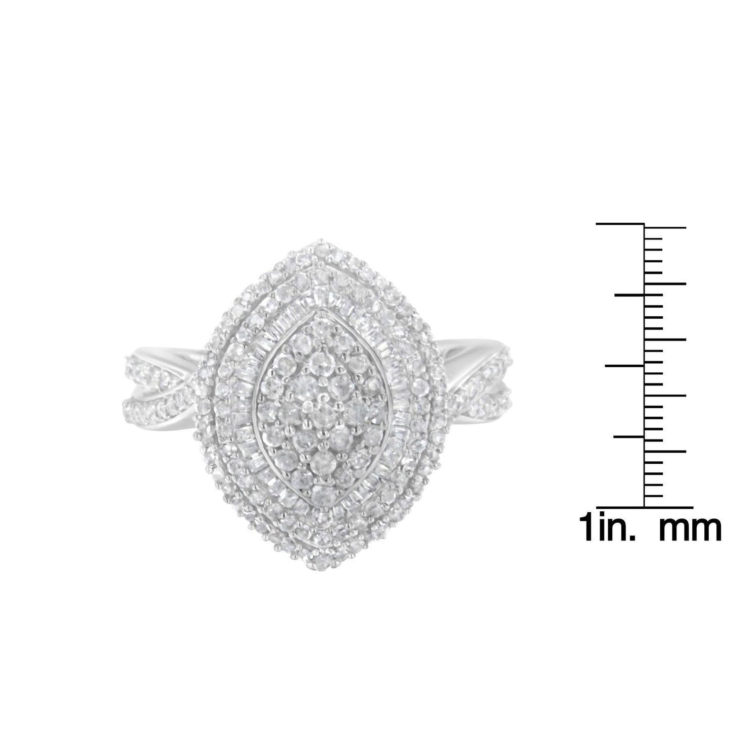 .925 Sterling Silver 1.0 Cttw Round & Baguette-Cut Diamond Marquise-Shaped