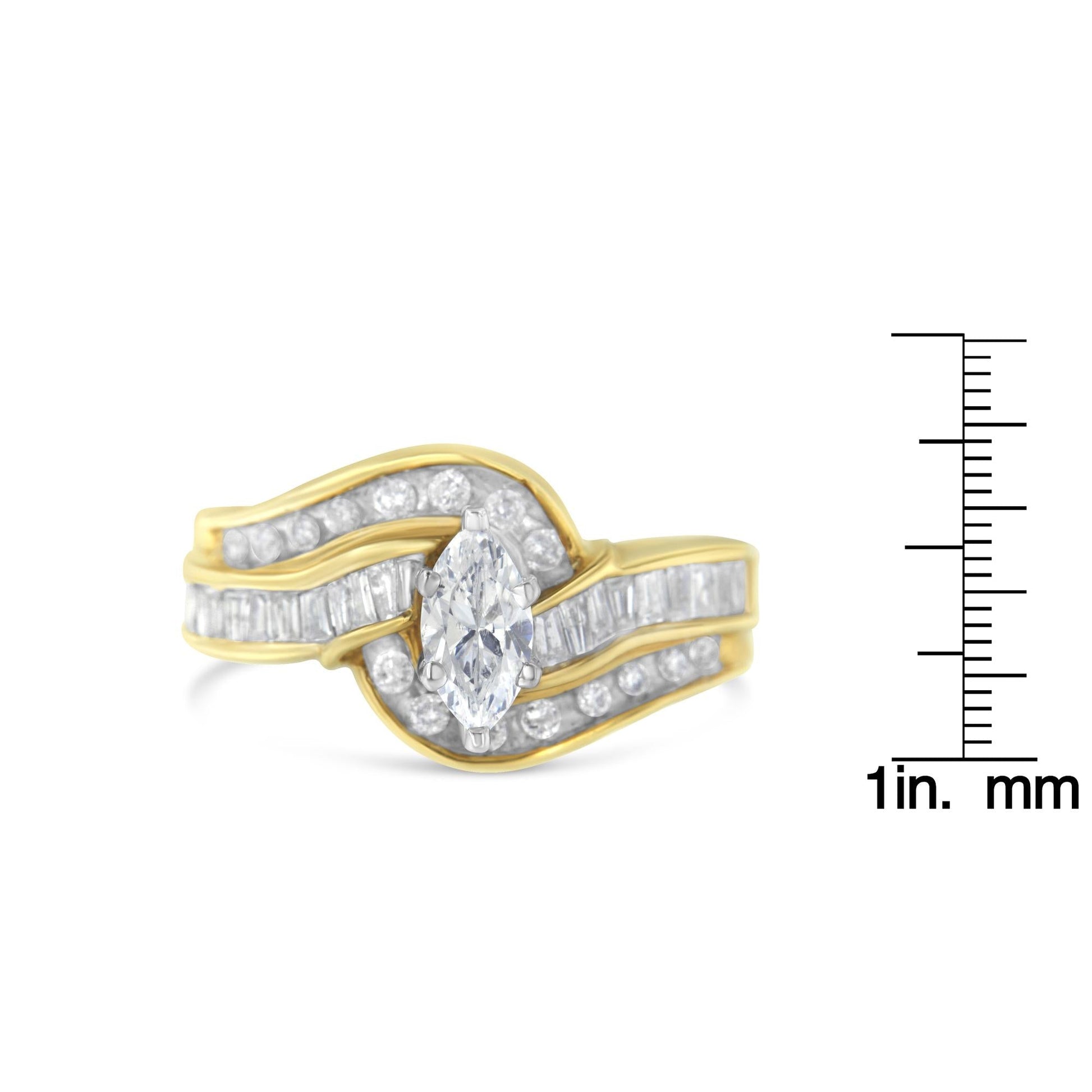 14KT Two-Toned Gold Marquise Baguette and Round Cut Diamond Bypass Ring (1 cttw