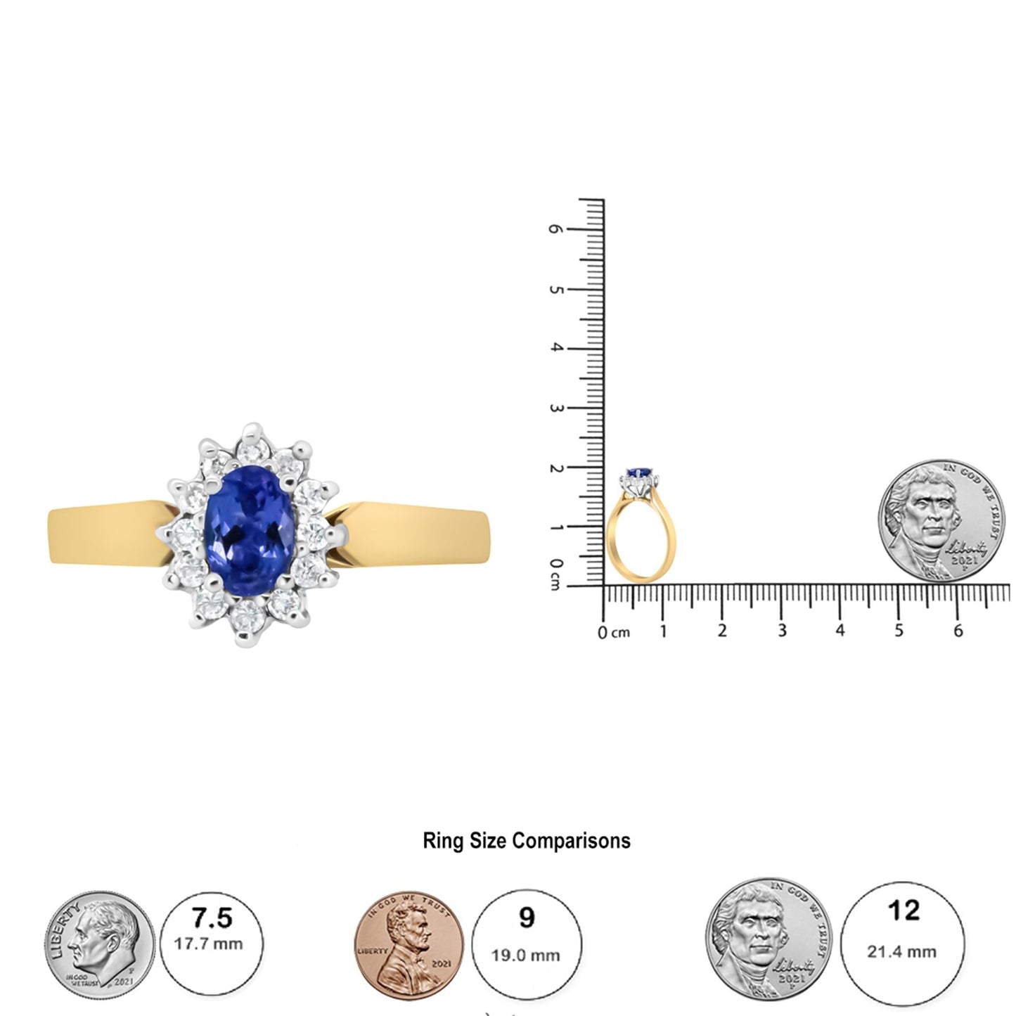 14K Yellow Gold 1/5 Cttw Round Diamond and 6x4mm Oval Blue Tanzanite Halo Ring