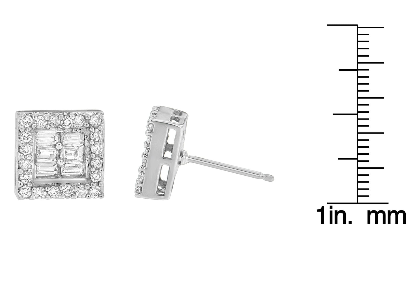 14K White Gold 1 cttw Round and Baguette Diamond Stud Earrings (H-I SI1-SI2)