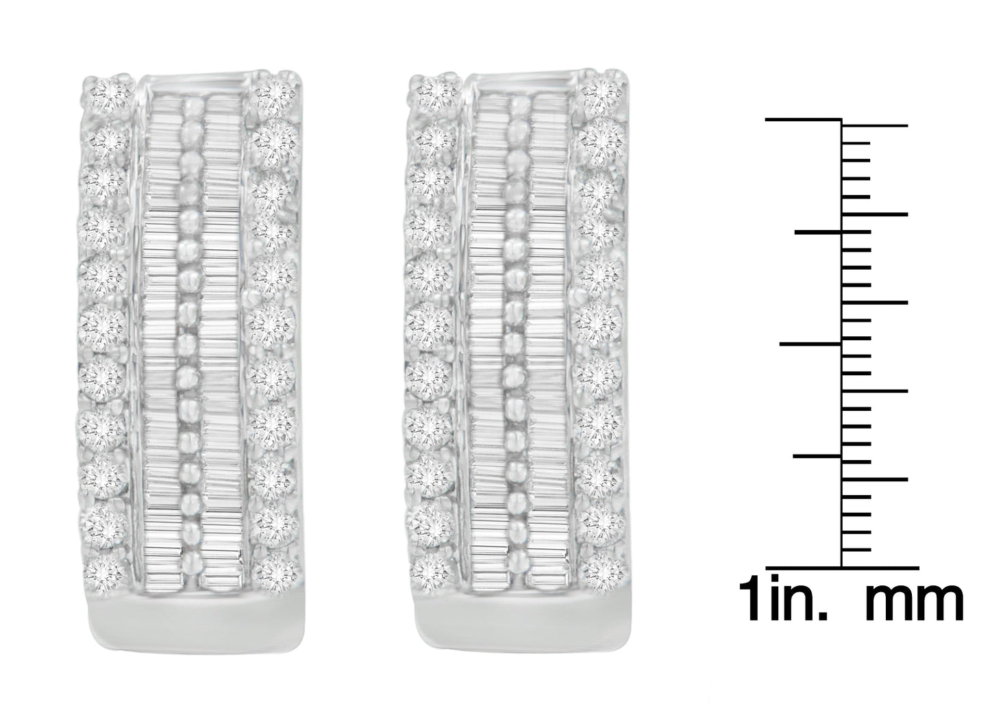 14K White Gold 1 1/2 cttw Round and Baguette Cut Diamond Earrings (H-I SI2-I1)