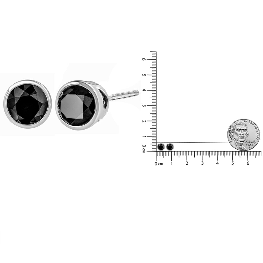 .925 Sterling Silver Round Brilliant-Cut Black Diamond Bezel-Set Stud Earrings