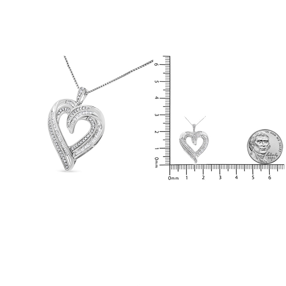 .925 Sterling Silver 3/4 Cttw Round and Baguette-Cut Diamond Open Heart