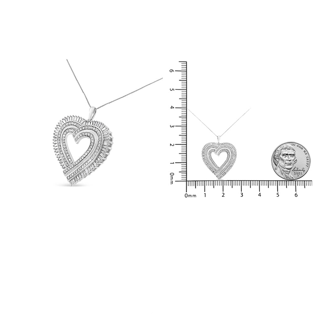 .925 Sterling Silver 1 1/4 Cttw Round and Baguette-Cut Diamond Composite Heart