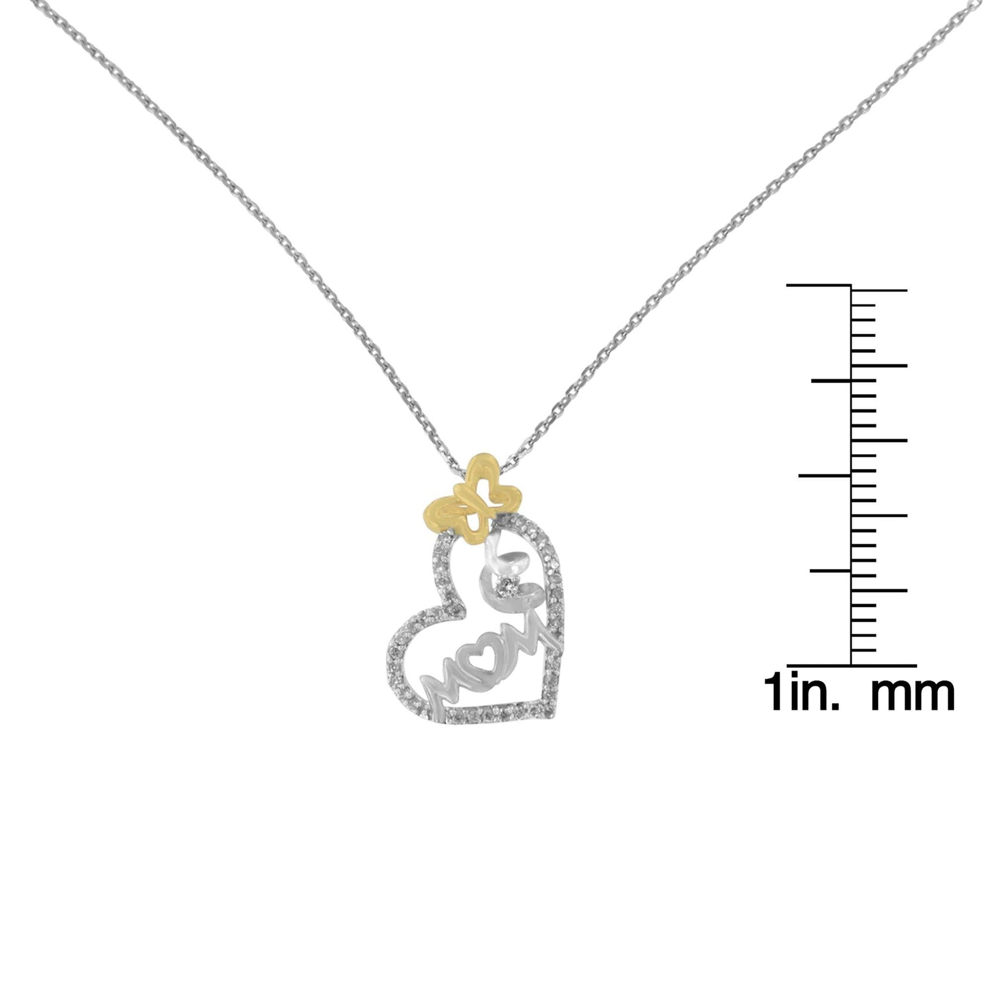 Two Tone.925 Sterling Silver 1/5 cttw Diamond ’Mom’ and Heart Pendant