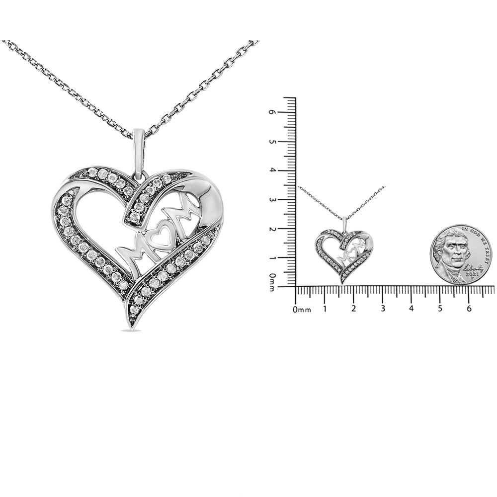 .925 Sterling Silver 1/4 cttw Diamond Engraved ’Mom’ in Heart Pendant