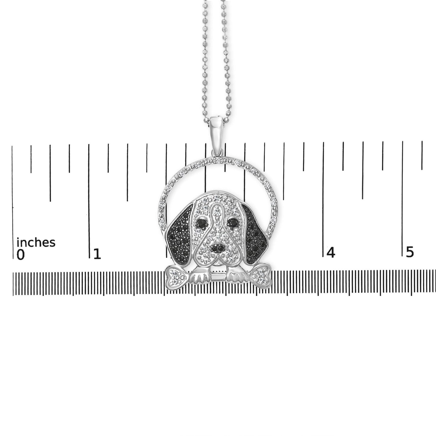 .925 Sterling Silver 1/4 Cttw White and Black Diamond Beagle Dog and Bone Pendant Necklace (I-J Color, I2-I3 Clarity) - 18" Inches