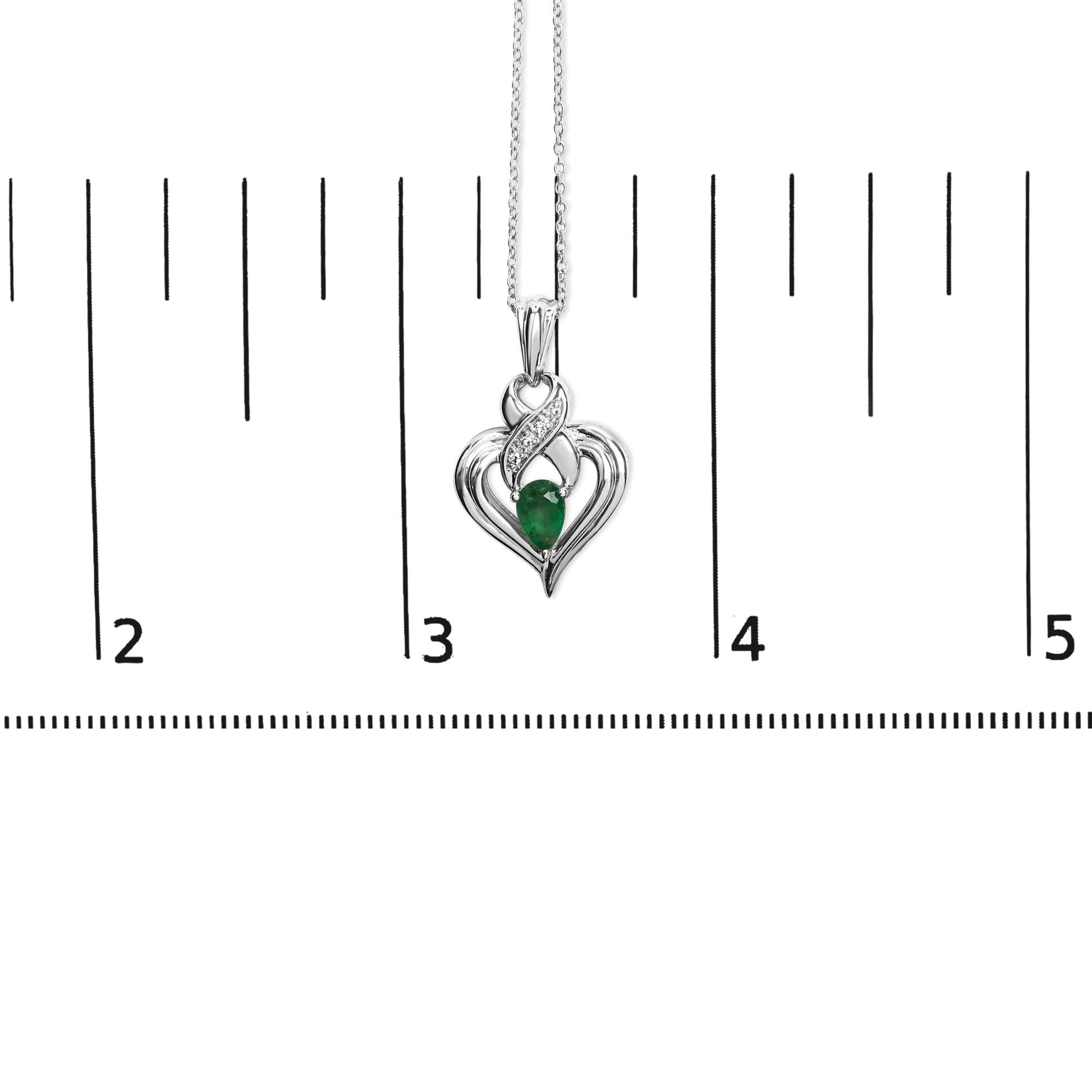 .925 Sterling Silver 6x4mm Pear Emerald and Diamond Accent Heart Pendant