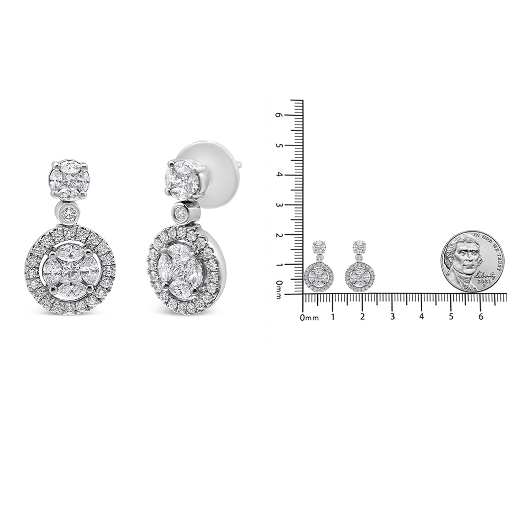 18K White Gold 2.0 Cttw Round Shape Diamond Composite Halo Dangle Stud Earring