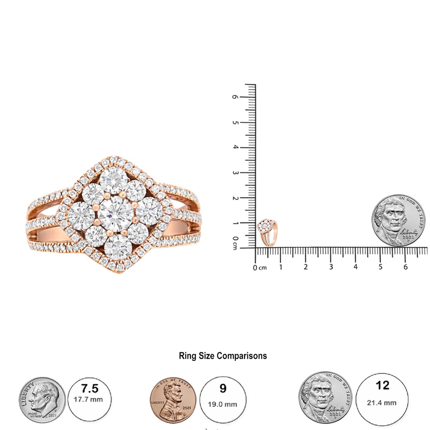 18K Rose Gold 1 1/4 Cttw Diamond Halo Cluster Split Shank Ring Band (F-G Color