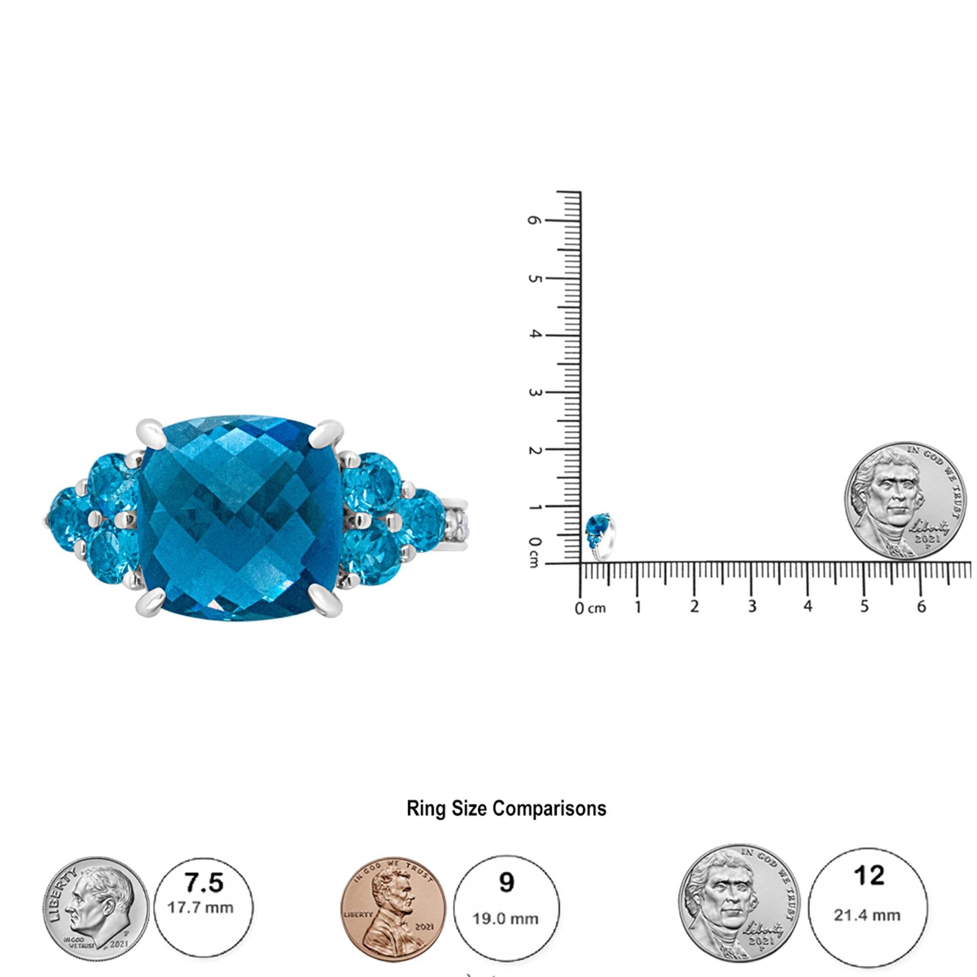 18K White Gold 10mm Cushion Shaped Blue Topaz and 1/6 Cttw Diamond 3 Stone